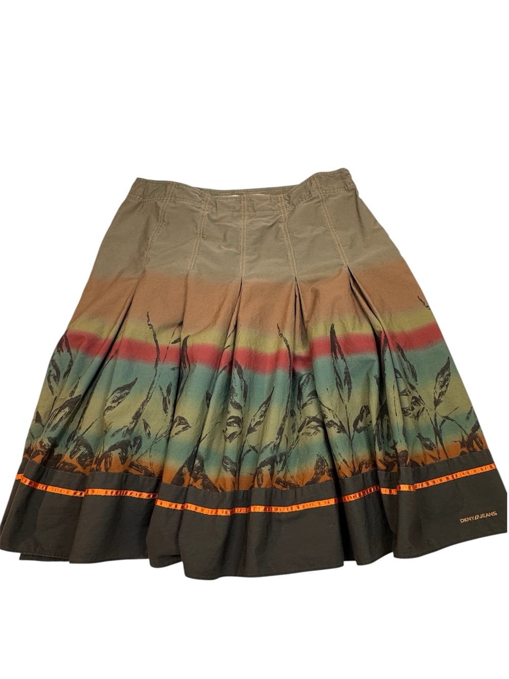 DKNY Sz 10 Y2K Desert Passage Pleated Full Midi Skirt Leaf Print Cotton EUC